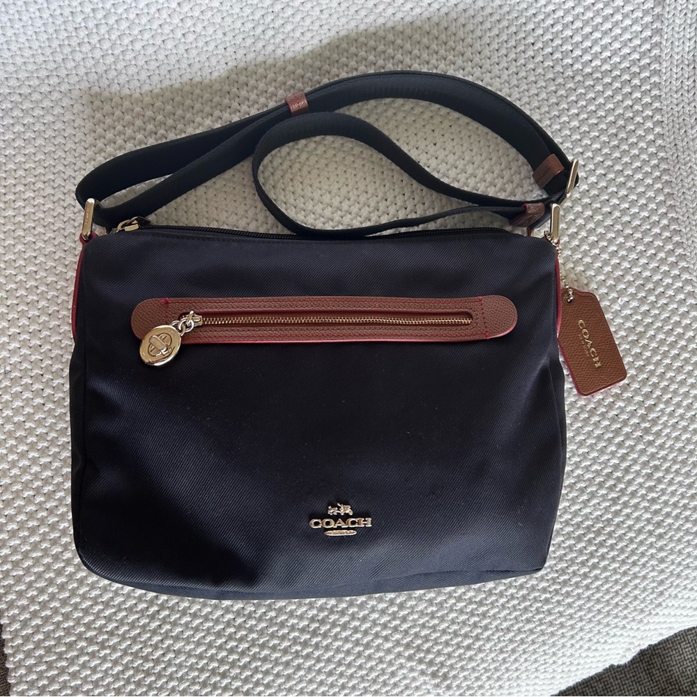 Coach Sawyer Navy Adjustable Crossbody with Tan Trim and Red Stitching - Picture 2 of 10